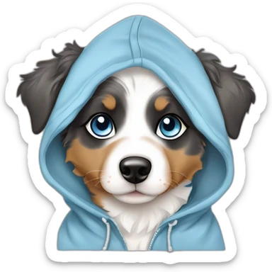 baby dog ​​with blue eyes, merle color, Australian Shepherd breed, with a hoodie sticker