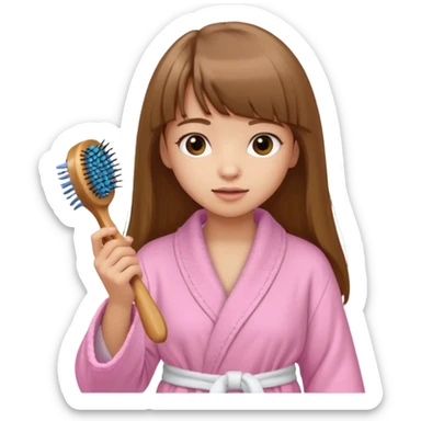 a girl with light skin and medium brown long hair with bangs who is brushing her hair with a hairbrush and she is wearing a light pink bathrobe sticker
