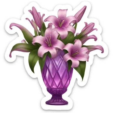 A luxurious bouquet of violet lilies in an ornate Pink crystal vase, placed on an antique wooden table with soft candlelight reflecting off its petals. sticker
