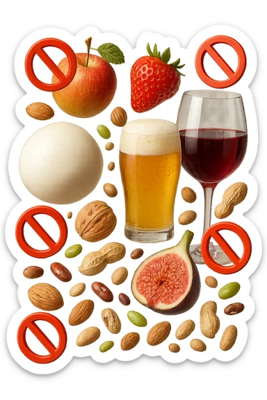 mozzarella, frutta legumi, frutta secca, birra e vino realistici fluttuano in aria con piccoli divieti 3d, IPERREALISTICO 4K sticker