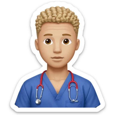 Ripped, athletic man with thick neck, high top fade with no part, curly hair only top only, no shirt and show waistline up add scrubs sticker