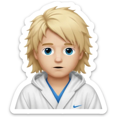 Create a blond boy with long, messy hair, light eyes, a white t-shirt, long hair, blue eyes, medium length, voluminous, wearing a white Nike bathrobe and a little blush near his nose. He also wears a balaclava, the kind a gangster balaclava wears, covering his entire face, and make him cute. sticker