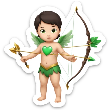 cupid asian baby flying full body with wings with brown eyes and dark hair handled bow and arrow directed to green heart and looking to heart sticker