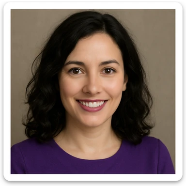 Remove the hijab from the woman, keep her dress purple, give her wavy black hair, and make her look more realistic in style. sticker