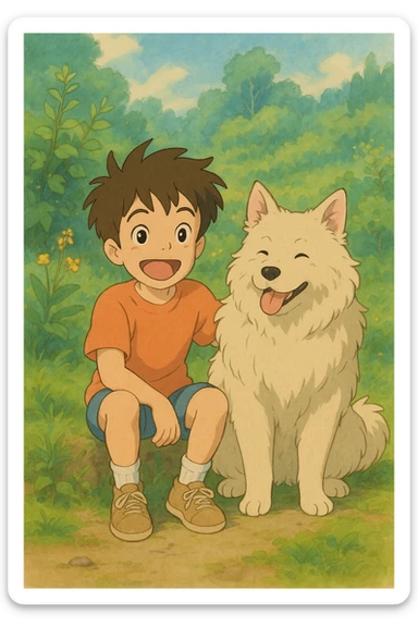kid and his pet dog in studio ghibili style sticker