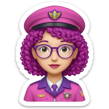scout girl with very pink scout uniform including hat, dark purple curly haired and glassess sticker