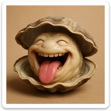 A cute oyster bursting out laughing, mouth wide open, eyes squinting, photorealistic style. sticker