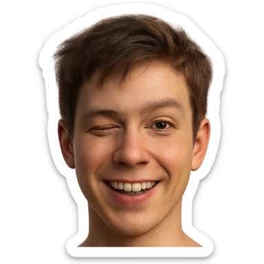 hyper-realistic emoji face of a young person with short tousled brown hair, light skin, winking, detailed skin texture, natural lighting, lifelike eyes, realistic facial features sticker