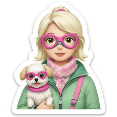 female character in cozy winter outfit, soft pastel green jacket, beige plaid scarf, snorkel mask with pink detailing, holding cute white Maltese dog, happy expression, bright and clear, Apple emoji style sticker