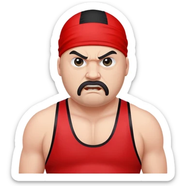 White skin fat guy with prominent black durag, shaved beard stubble, black eyes in a red and black wrestling singlet with angry face sticker