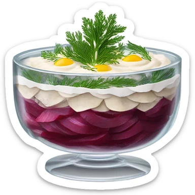 Shuba russian Layered Beet dish  with Herring and mayonnaise in Crystal bowl, dill on top  sticker