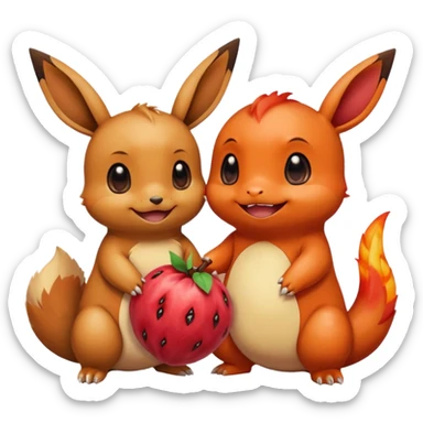 Eevee and Charmander sitting side by side, happily sharing a big fruit together. Both look joyful and friendly, drawn in a playful emoji-like cartoon style. sticker