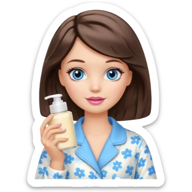 Barbie girl with makeup, blue eyes , and bob long haircut wavy, short brown hair in creamy color pajamas, face cream in hand sticker