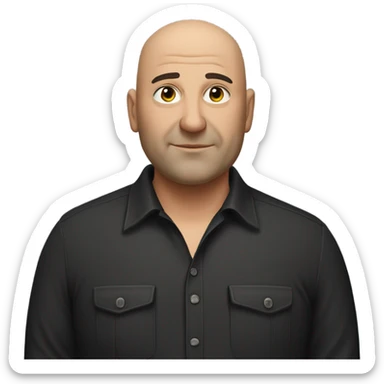 A slightly overweight middle-aged Italian man with olive-toned skin with bald hair and no facial hair. He is wearing a sleek black smart shirt, casually unbuttoned at the top. sticker