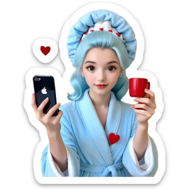 a girl taking a mirror selfie with her iPhone. She’s wearing a light blue, soft-looking robe and has big rollers in her hair, like she’s getting ready for the day. She’s holding a white cup with little red hearts on it, placed on a matching saucer. sticker