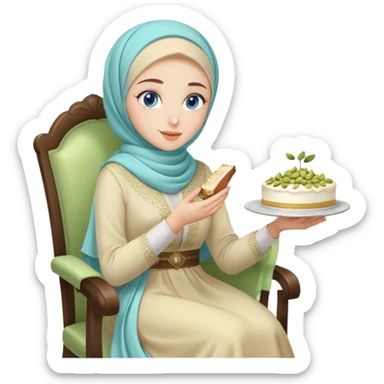 Turkish beautiful finish Konya girl blue eyes with pastel hijab long tail dress and sits on the chair and holds pistachios cake with her hand  sticker