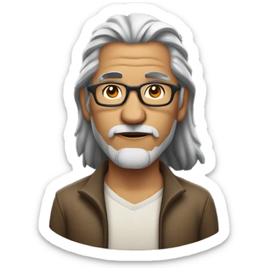 Gray haired Native American man with glasses and a plain shirt, mid 50 with a beard sticker
