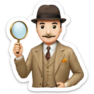 A cinematic-style frame showing Hercule Poirot in his iconic suit with a magnifying glass in a dramatic detective pose. Background should be mysterious city, a board with photos of suspects, clues like fingerprints. Transparent background. sticker