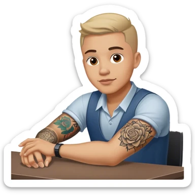 Man Working at a desk in love with a tattoo on his arm sticker