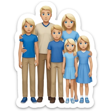 Familie: alle blauäugig, lang und schlank, Vater, Mutter( blond), zwei Mädchen( , 18-jährige hat braune Haare, 13 jährige hat blondes Haar), 2 Jungs( 9 und 6, der 9 Jährige hat dunkelblondes/braunes Haar, große blaue Augen, der 6 jährige ist hellblond und ziemlich frech).  sticker