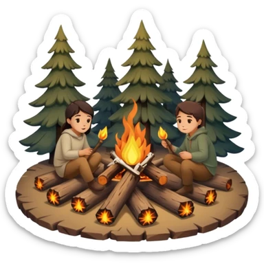 A cozy campfire emoji with two logs and glowing embers, with subtle human silhouettes sitting around. Warm tones, minimal flat emoji style, white background. sticker