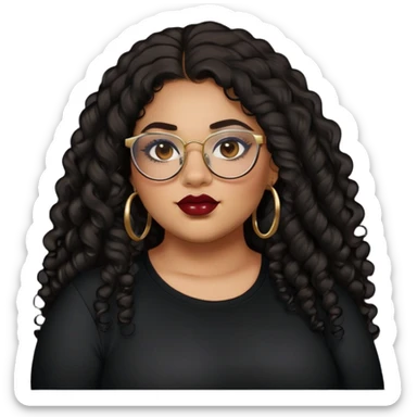 teen big plus size, latina, darker tan skin, gold hoops, long black curly hair, baddie,pretty, makeup, dark red lipgloss, black eyeliner, long hair, black shirt, BLACK glasses sticker