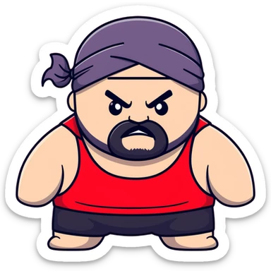 Close-up of extremely fat white skin guy with young face, prominent BLACK DURAG tied clearly on head, distinct black beard and mustache, no muscle, black eyes in a red and black wrestling singlet with angry face sticker