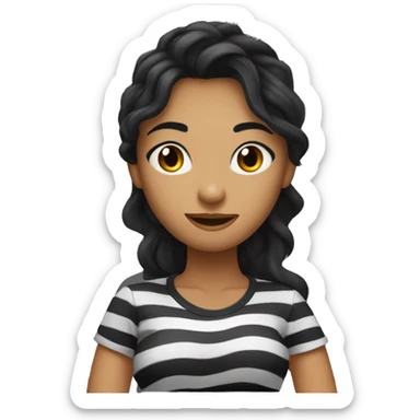woman with long wavy black hair wearing black stripy t-shirt, and black eyes sticker