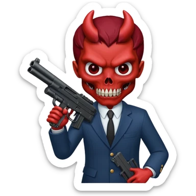 A Demon from hell that is dressed like a fbi agent with a machine gun, full body pointing the machine fun to the left. In the style of your bleeding skull artwork. sticker