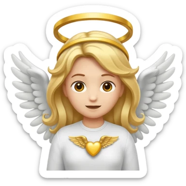 "Um emoji de anjo com cabelos loiros, um halo, asas, segurando um sinal de 'compartilhar' em letras em negrito." sticker