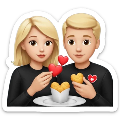 Couple with blonde hair wearing black eating chick filet hearts and outer space in the background. 
 sticker