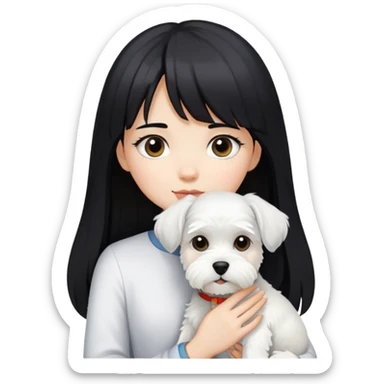 Girl with long black hair and bangs holding a white schnauzer dog sticker