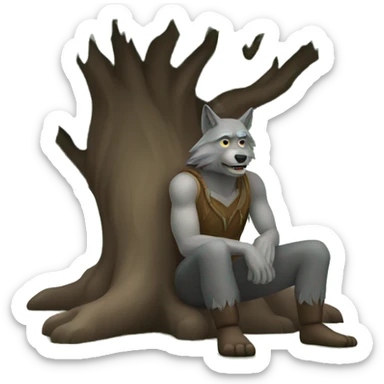 A wolf man sitting under a tree sticker