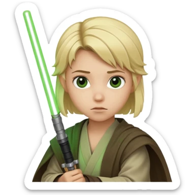Young jedi with blonde hair holding a green lightsaber sticker