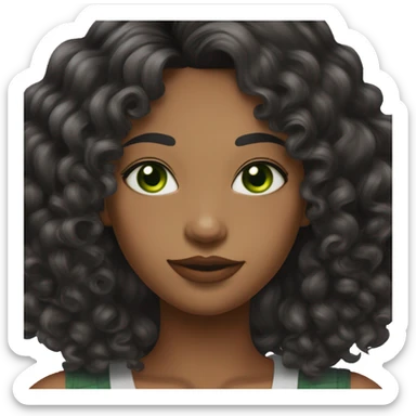 long curly black hair,eyes with a hint of green, eyes positive  canthal tilt ,medium thick shaped eyebrows , and medium thin lips, round face shape, soft jawline, full body, teen, sensual, american, woman, well defined feminine body sticker