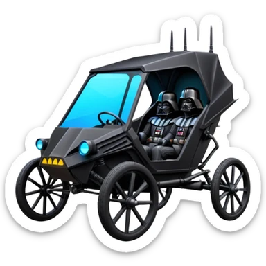 Mad max survival apocalypse ghostly sporty Darth Vader’s Batman-armored 1876 black graphite colored enclosed twin seat town buggy with horizontal holographic 3d stars painted on the body sides and neon under glow  sticker
