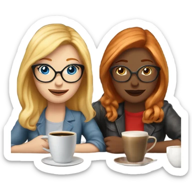Two white girl friends one blonde in glasses blue eyes and one red headed with no glasses sitting in the coffee house drinking coffee sticker