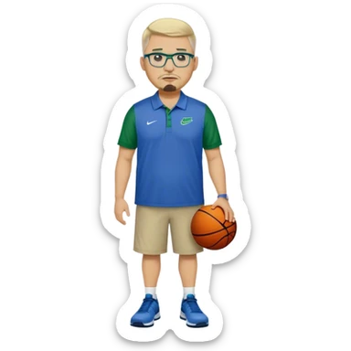 Full Body white male plus size wearing glasses with a goatee with light blonde and gray very short hair mad basketball head Coach in blue and green wearing Nike polo sticker