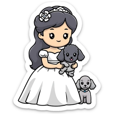 A beautiful girl with long black hair in a wedding dress holds a small gray poodle sticker