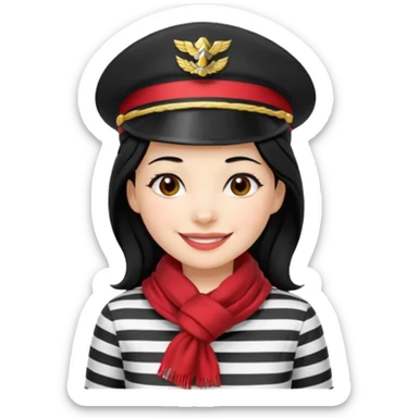 marinera de pelo negro piel blanca con camisa a rayas blanco y negro y pañuelo rojo y gorra de capitana y sonrisa de china sticker