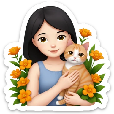 A black-haired girl happily holds a Ginger British Shorthair Cat in the flowers sticker