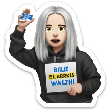 Billie Eilish holding a Harris-Walz sign sticker
