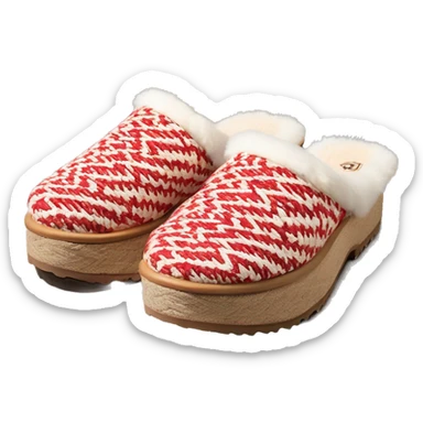 Camel color chunky platform slip-on mule UGG slippers. thin red and white woven zig-zag trim line detail on the opening sticker