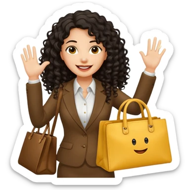 medium deep tan brown business woman with long black curly hair, waving hand with happy face with smile mouth and carrying bag on her shoulder and the other hand holding yellow tumblr sticker