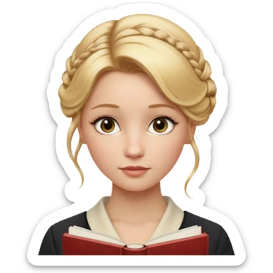 Cinematic Realistic Journal Portrait, depicted with lifelike skin texture, subtle rosy undertones, and soft natural lighting that enhances the gentle contours of her face. Her intricately detailed golden blonde hair is elegantly styled in an updo, sticker