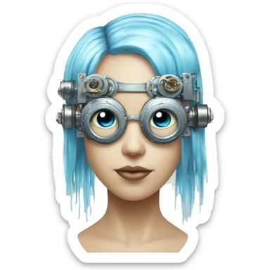 Pastel blue haired cyborg head with silver steampunk goggles and circuits sticker