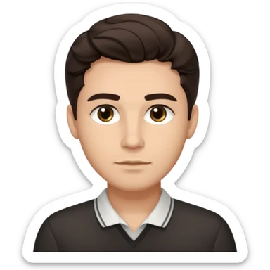 He’s a man with light to medium skin, a defined oval face, full brows, deep-set eyes, and wavy short dark brown hair styled with height, sides are trimmed. expression calm and focused relaxed black open-collar .polished, articulate, and trainer vibe. sticker