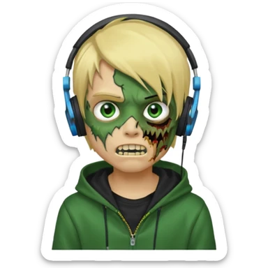 boy zombie whit blonde emo hair and eyes blue and GREEN SKIN and heandphones AND A MICROFONE AND GOLD TEETH and agesive face and the hoodie black sticker