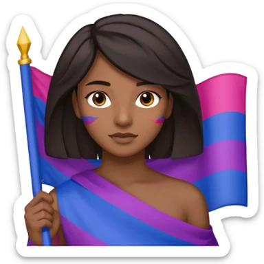 eu com a bandeira bissexual, sou parda, com cabelos negros que vão até a altura dos ombros levemente ondulados, olhos castanhos, sticker