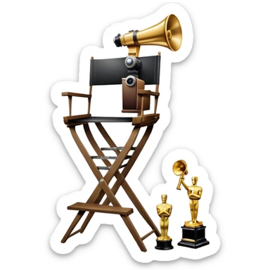 Professional icon for Directing: a collage featuring a director's chair, a film camera, a megaphone and an Oscar trophy. The icon should represent the craft and creativity of film directing, with emphasis on leadership and cinematic artistry. Transparent background. sticker